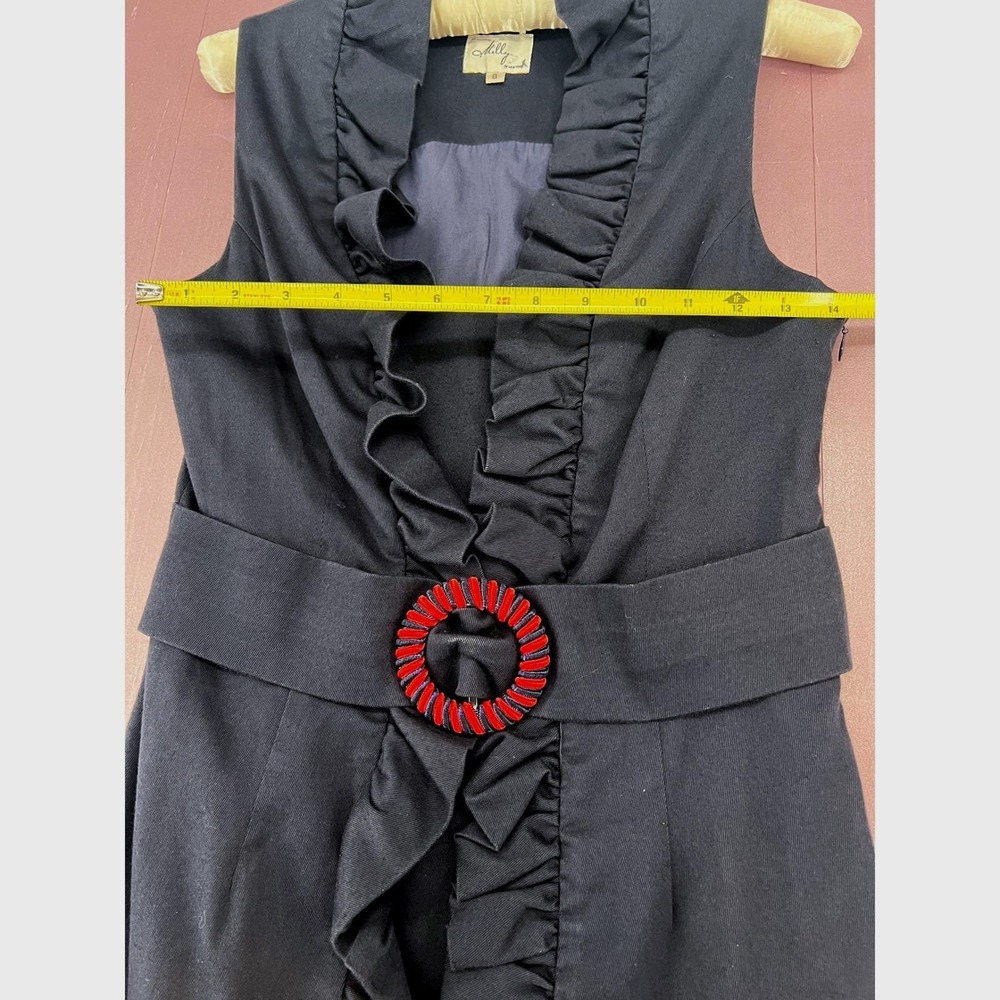 Vtg Navy Ruffle Sheath Dress Milly of New York Minimalist Belted Sleeveless Sz 8 - Picture 8 of 12